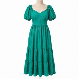 Puff Sleeve Button Peasant Dress Size S Green Cottagecore Prairie Boho Indie